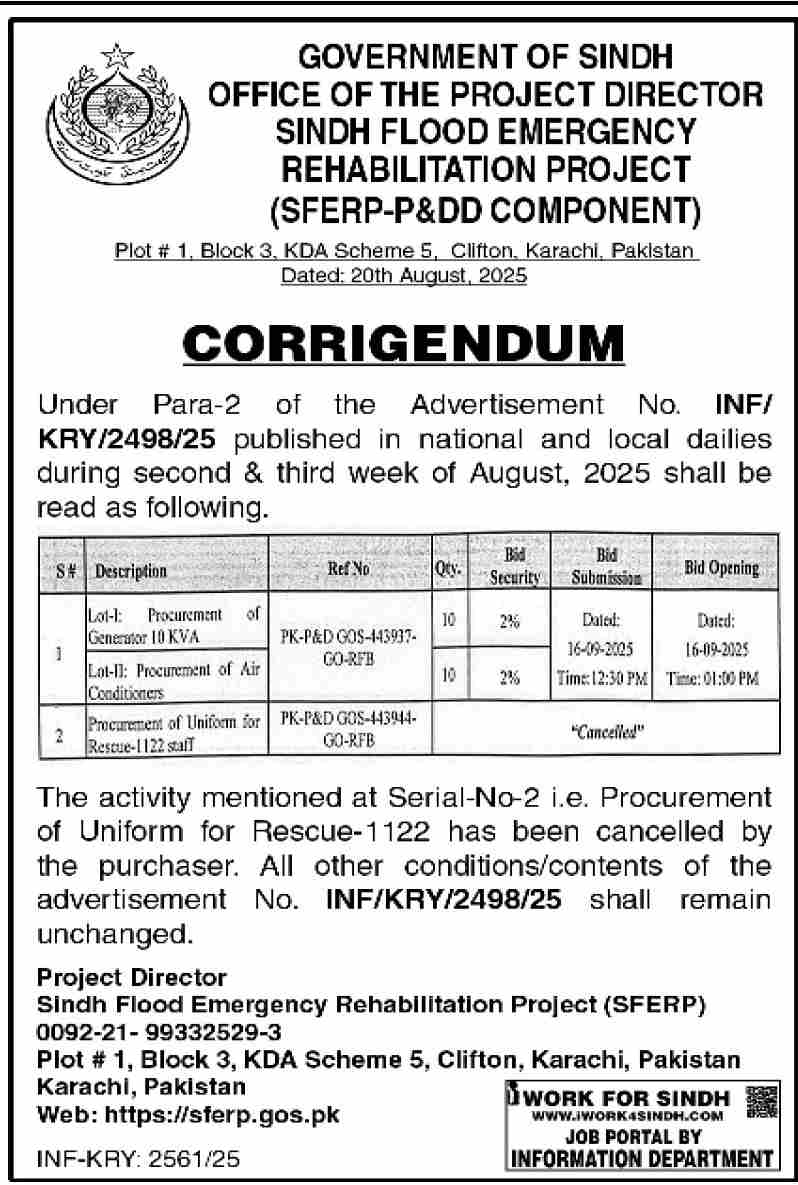 Sindh Flood Emergency Rehabilitation Project Karachi Tender Notice